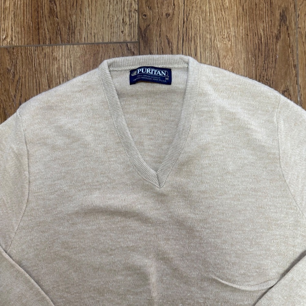 VTG Puritan Beige V-Neck Sweater Womens M Made in‎ USA Knit luxury  preppy cozy - Picture 2 of 9